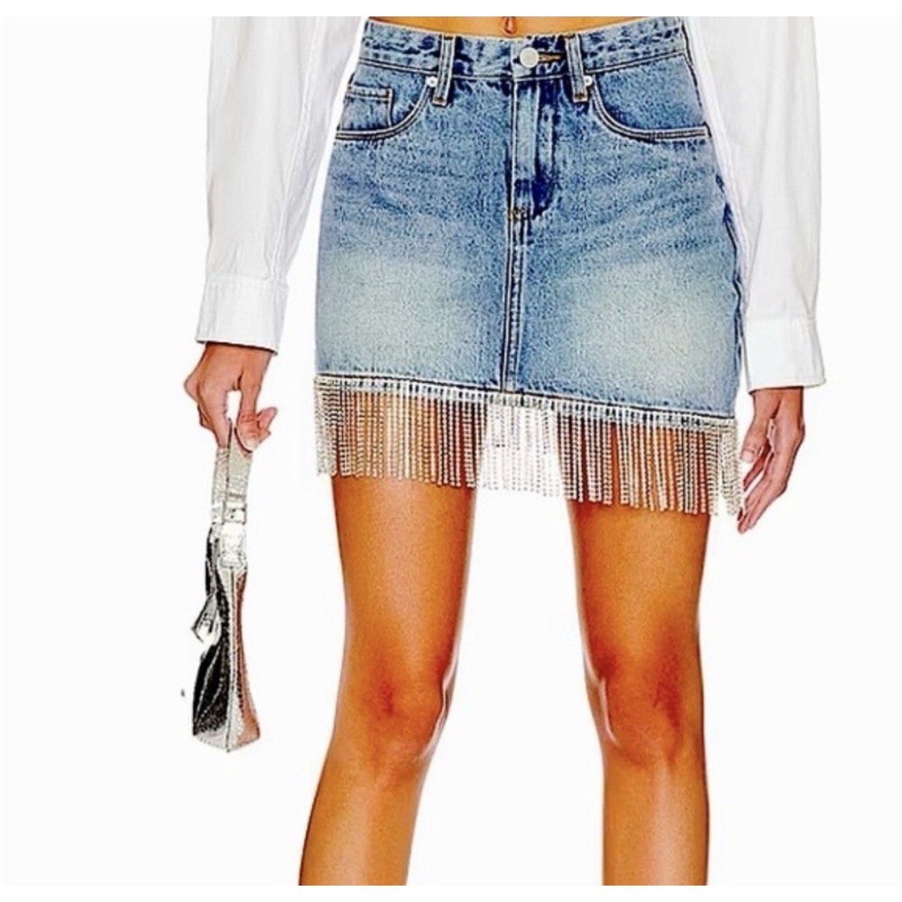 BlankNYC Fringe Skirt Women 26 Blue NEW Rhinestone‎ Embellished Denim Mini